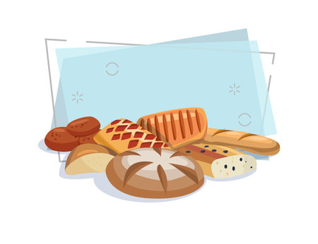 Bakery products vector illustration. Bread loafs, baguette, baton. Food concept. Can be used for topics like bakery, pastries, confectionery shopのイラスト素材