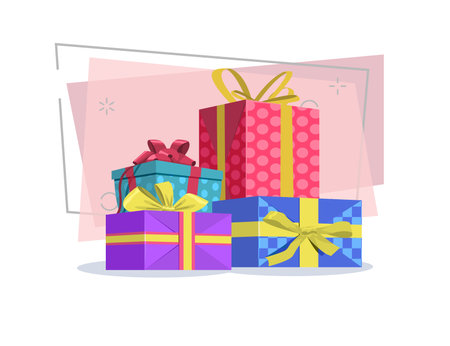 Colorful gift boxes with bow vector illustration. Presents, package, decoration. Festive concept. Can be used for topics like Christmas, New Year, birthdayのイラスト素材