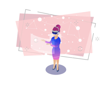 Woman wearing virtual reality glasses isometric vector illustration. Lady working with virtual reality interface. Technology, cyberspace and innovation concept. Infographic with purple background.のイラスト素材