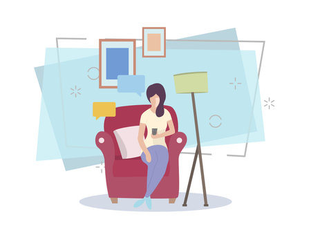 Woman sitting in armchair with remote control flat illustration. Watching TV, resting, break. Leisure concept. Vector can be used for topics like domestic life, technology, hobbyのイラスト素材