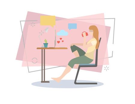 Woman sitting at table, drinking tea and using computer flat illustration. Freelance, student, internet. Leisure concept. Vector can be used for topics like domestic life, business, technologyのイラスト素材