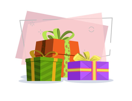 Colorful gift boxes with ribbon bow vector illustration. Present, package, decoration. Festive concept. Can be used for topics like Christmas, New Year, birthdayのイラスト素材