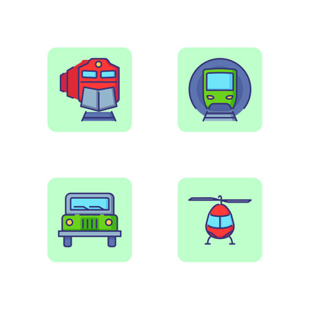 Transportation line icon set. Freight train, subway, helicopter and jeep. Logistics concept. Vector illustration for web design and appsのイラスト素材
