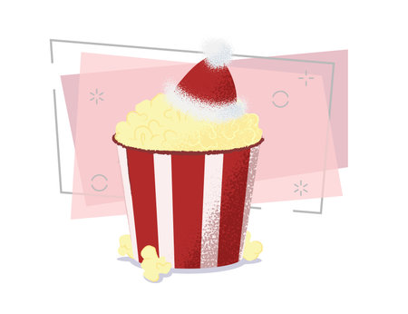 Small Santa hat in box of popcorn. Fast food, snack, container. Can be used for topics like Christmas movie, cinema, entertainment industryのイラスト素材