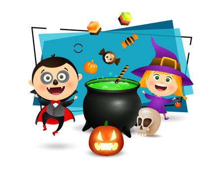 Boy in Dracula costume and girl in witch hat celebrating Halloween. Boiling potion in caldron, pumpkin lantern, skull and sweets on background. Party concept. Vector illustration for poster or bannerのイラスト素材