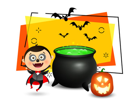 Happy boy in Dracula costume, boiling potion in caldron and pumpkin lantern. Flying bats on background. Invitation or banner design. Halloween concept. Vector illustration for poster, postcard, bannerのイラスト素材