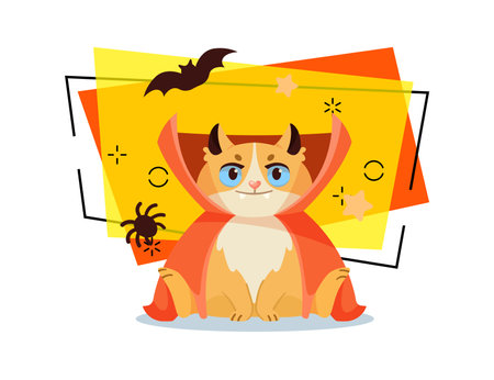 Cute cat character in Halloween costume vector illustration. Spider and bat on background. Halloween, pet, party concept. Can be used for banner, poster or invitation designのイラスト素材