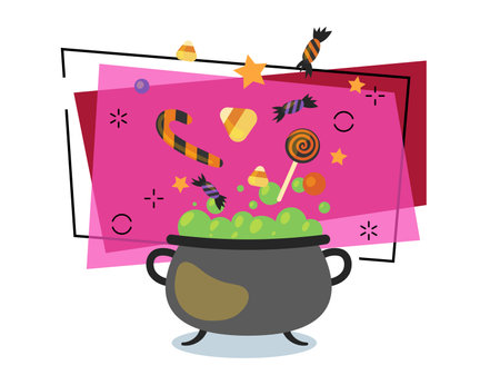 Cauldron with boiling potion vector illustration with treat on background. Halloween celebration, magic, holiday concept. Can be used for banner or invitation designのイラスト素材