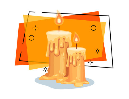 Burning candles with melting wax vector illustration on abstract background. Halloween banner design. Celebration, holiday, magic concept. Can be used for poster or invitationのイラスト素材