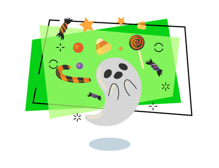 Cute ghost character among sweets, lollipops and candies vector illustration on abstract background. Halloween celebration, party, holiday concept. Can be used for banner or invitation designのイラスト素材