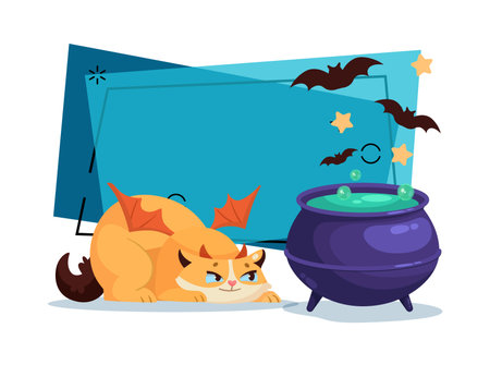 Cunning cat character in devils horns and wings near cauldron with potion vector illustration. Flying bats on background. Halloween, pet, party, magic concept. Can be used for banner or poster designのイラスト素材