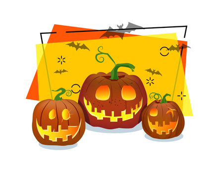 Scary pumpkin lanterns vector illustration. Flying bats on abstract background. Halloween banner design. Celebration, party, holiday concept. Can be used for poster or invitationのイラスト素材