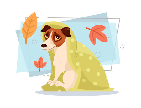 Cute dog under blanket vector illustration. Cartoon domestic animal character sitting at home. Leaves on abstract background. Autumn or fall, pet conceptのイラスト素材