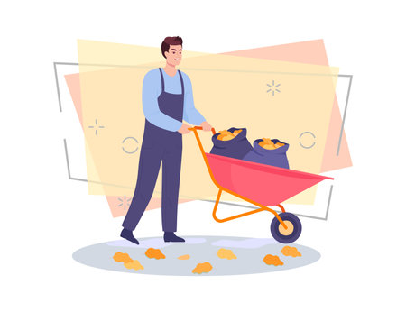 Happy man collecting autumn leaves in yard or park. Male cartoon character carrying wheelbarrow with leaves vector illustration. Autumn or fall, nature, ecology concept for banner or web designのイラスト素材