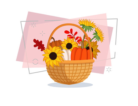 Basket with pumpkins and sunflowers vector illustration on abstract background. Cartoon drawing for banner design. Autumn or fall, harvest, Thanksgiving conceptのイラスト素材