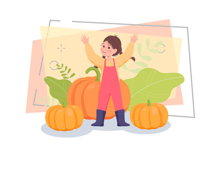 Happy girl in rain boots among pumpkins vector illustration. Little female cartoon character celebrating holiday in autumn. Childhood, Halloween, Thanksgiving concept for banner designのイラスト素材