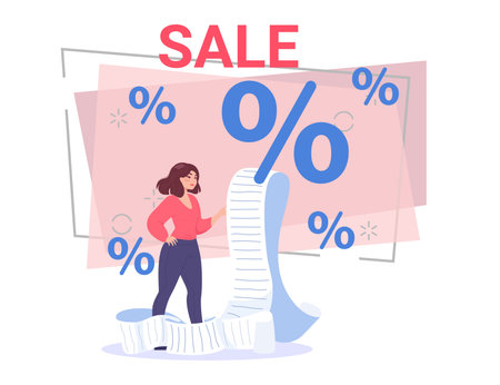Cartoon woman checking long bill vector illustration. Female character with shopping list in big paper scroll. Percentage marks on background. Sale, payment, shopping concept for banner designのイラスト素材