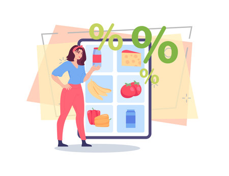 Woman ordering food via mobile app vector illustration. Huge tablet with different food products on screen. Percentage marks on background. Delivery service, online store, sale concept for bannerのイラスト素材