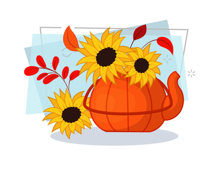 Bouquet of sunflowers and autumn leaves in teapot in shape of pumpkin vector illustration on abstract background. Cartoon drawing for banner design. Autumn or fall, harvest, Thanksgiving conceptのイラスト素材