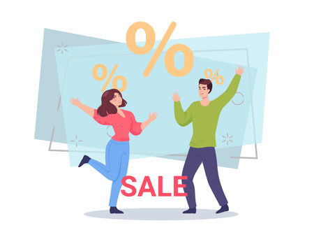 Man and woman are glad to have a special offer while shopping. Happy people pleased with discounts vector illustration. Percentage marks on background. Sale, shopping concept for banner designのイラスト素材
