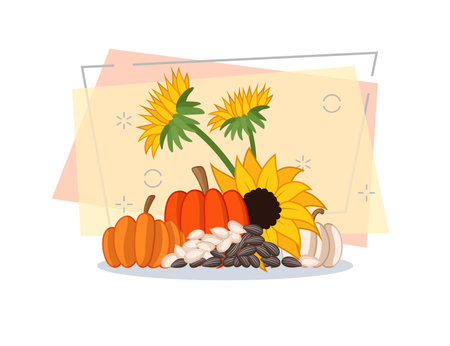 Pumpkins, sunflowers and seeds vector illustration on abstract background. Cartoon drawing for banner design. Autumn or fall, vegetables, harvest, Thanksgiving conceptのイラスト素材