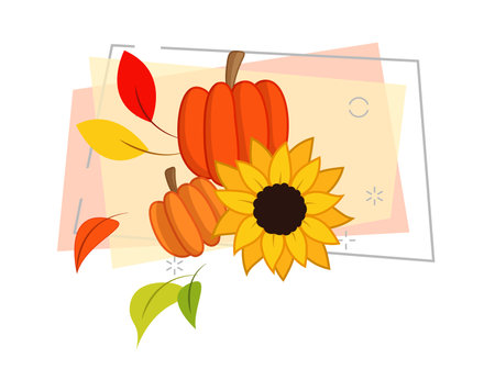 Pumpkins, sunflowers and autumn leaves vector illustration on abstract background. Cartoon drawing for banner design. Autumn or fall, vegetables, harvest, Thanksgiving conceptのイラスト素材
