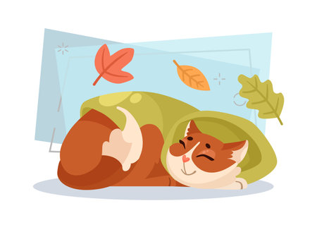 Cute cat sleeping under blanket vector illustration. Cartoon domestic animal character at home. Leaves on abstract background. Autumn or fall, pet conceptのイラスト素材