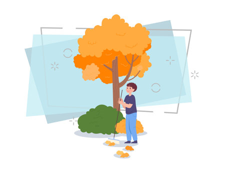Happy boy collecting autumn leaves in yard or park. Male cartoon character raking leaves flat vector illustration. Autumn or fall, nature, ecology concept for banner or web designのイラスト素材