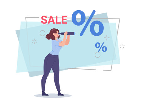 Woman looking through spyglass. Female character searching for discounts, special offers vector illustration. Percentage marks on background. Sale, shopping concept for banner designのイラスト素材