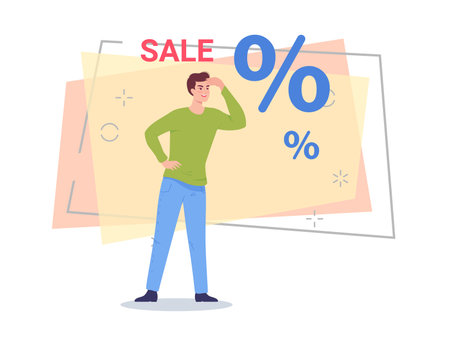 Man searching for discount or special offers vector illustration. Male character with hand at forehead. Percentage marks on background. Sale, shopping concept for banner designのイラスト素材