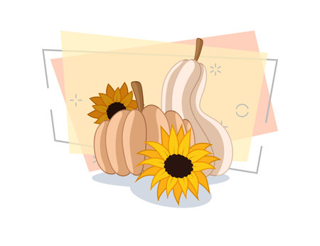Pumpkins and sunflowers vector illustration on abstract background. Cartoon drawing for banner design. Autumn or fall, harvest, vegetables, Thanksgiving conceptのイラスト素材