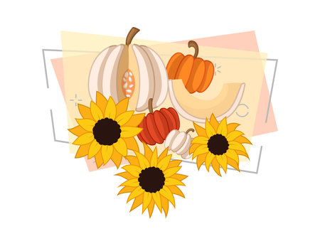 Yellow sunflowers and pumpkins vector illustration on abstract background. Cartoon drawing for banner design. Autumn or fall, vegetables, harvest, Thanksgiving conceptのイラスト素材