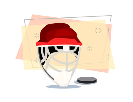 Goalkeeper hockey helmet and puck vector. Uniform, sportswear, hockey player. Ice hockey concept. Vector illustration can be used for topics like sport, hobby, leisureのイラスト素材