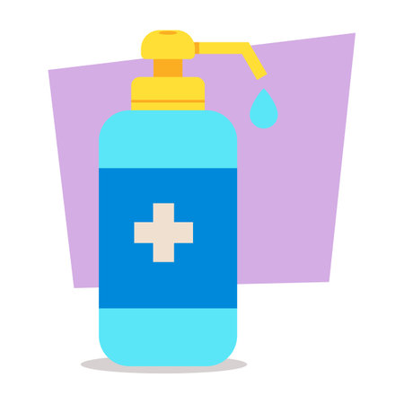 Blue health care bottle with pump dispenser against colorful background. Cleanliness and well-being in daily routines conceptのイラスト素材