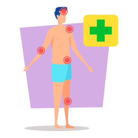 Figure with various pain points on the body, highlighting areas of discomfort. Health symbol indicating focus on health and wellness concerns nearbyのイラスト素材