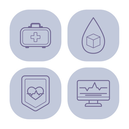 Collection of line icons with key healthcare tools and concepts, like first aid kit, droplet symbol, health shield, and health metrics monitorのイラスト素材