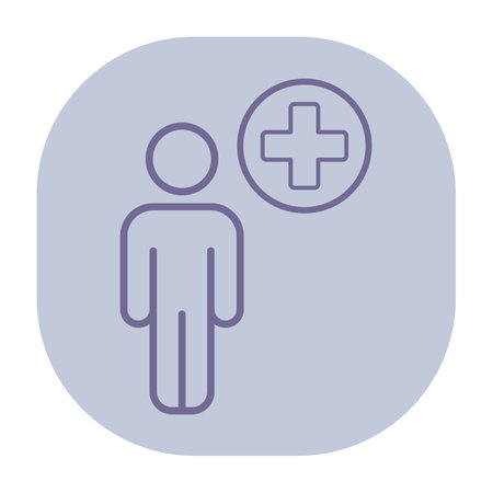Line icon of person standing next to medical cross. Health care and medical assistance conceptのイラスト素材