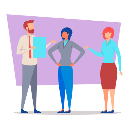 Three professionals engaged in discussion about business strategies in modern office setting. Teamwork conceptのイラスト素材