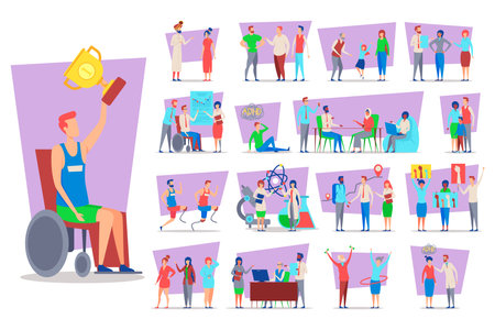Collection of various activities, including sports, teamwork, and community engagement. Inclusivity and celebration of achievements among individuals conceptのイラスト素材