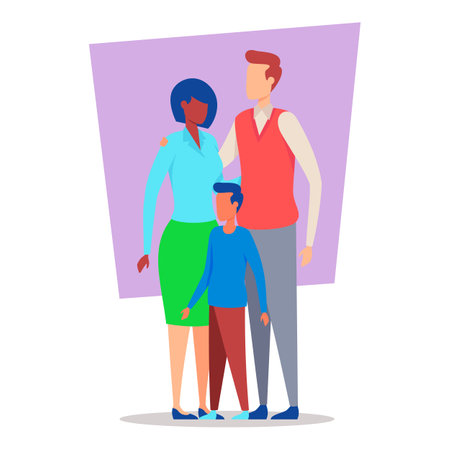Family of three standing close together, embodying warmth and connection. Parents, sharing loving moment with their young sonのイラスト素材