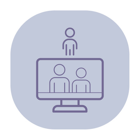 Two figures on computer screen with another figure above, representing virtual meeting or online communication setup in modern digital contextのイラスト素材