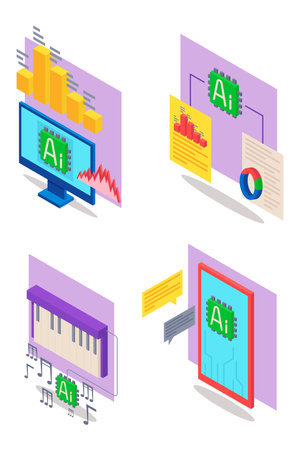 Four illustrations of various aspects of artificial intelligence, including data analysis, music creation, and visual representations of AI concepts in creative setのイラスト素材