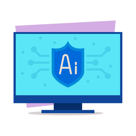 Vibrant illustration of computer monitor displaying shield with letters Ai. Artificial intelligence and its role in cybersecurity conceptのイラスト素材