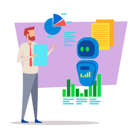 Businessman standing confidently holding document while presenting data visualizations and friendly robot displaying analyticsのイラスト素材