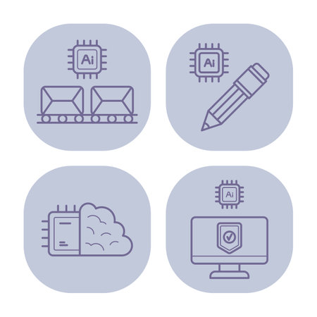 Robot icons of various aspects of technology and design, featuring elements like AI chips, cloud computing, and digital illustration tools set against muted backgroundのイラスト素材