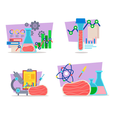 Collection of various laboratory equipment and research tools focused on meat science. Charts and graphs illustrating data analysis while displaying significant findings in fieldのイラスト素材