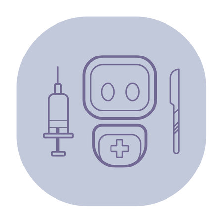 Line icon of medical instruments, including syringe, robotic elements, and scalpel. Healthcare and medical procedures conceptのイラスト素材