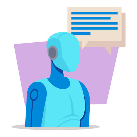 Blue robot figure designed with sleek, futuristic look, accompanied by speech bubble, suggesting communication or dialogueのイラスト素材