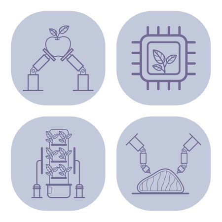 Four line icons of technology and agriculture, including robotic arms planting, nurturing plants, and cultivating healthy food sourcesのイラスト素材