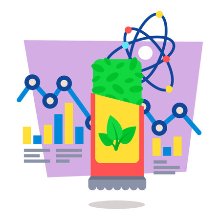 Vibrant raw bar with creative blend of natural ingredients and scientific motifs, with graphs and atoms reflecting modern food innovation in bright settingのイラスト素材